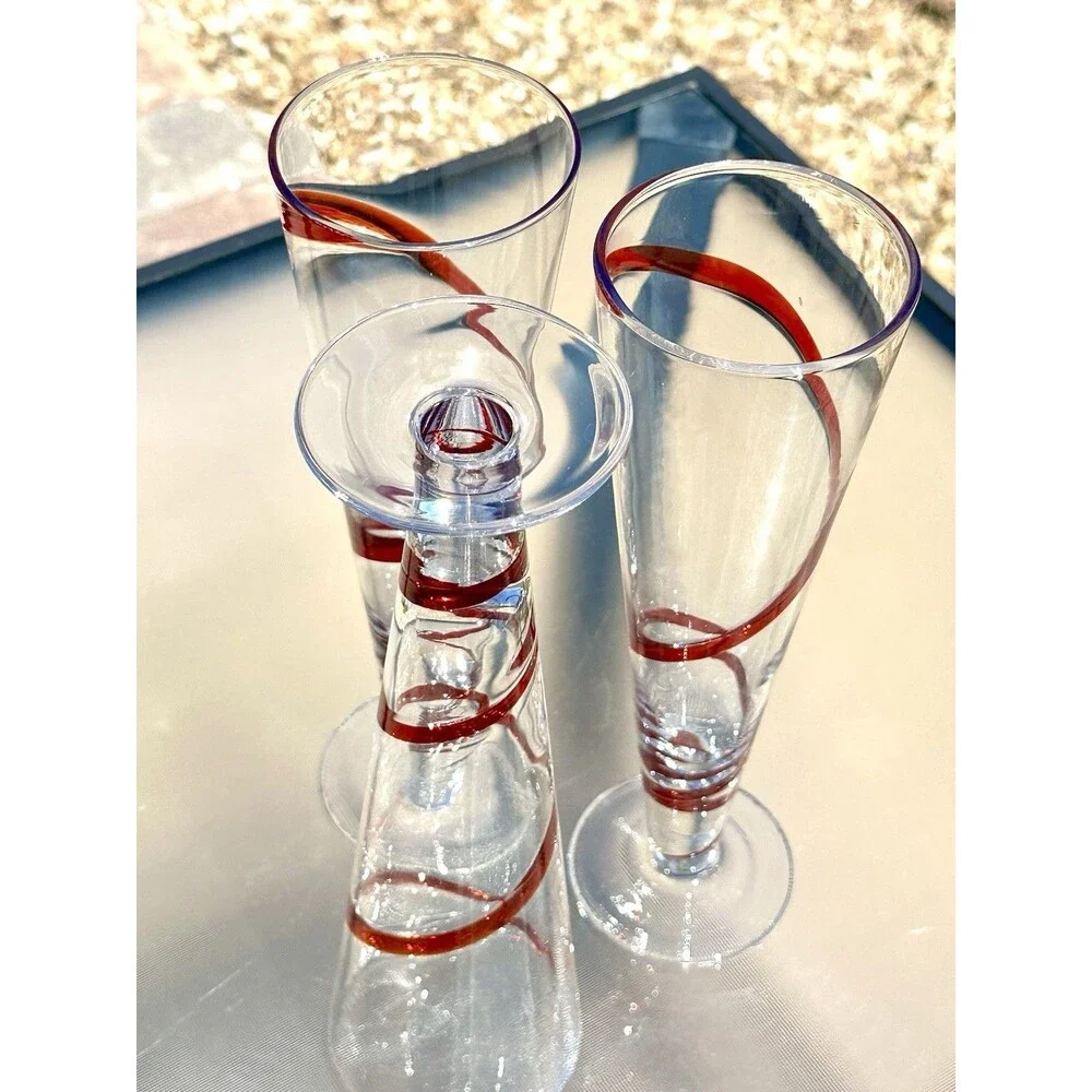 3 Pier 1 Imports Red Swirline Ribbon Swirl Red Pilsner Beer Fluted Glasses Tall